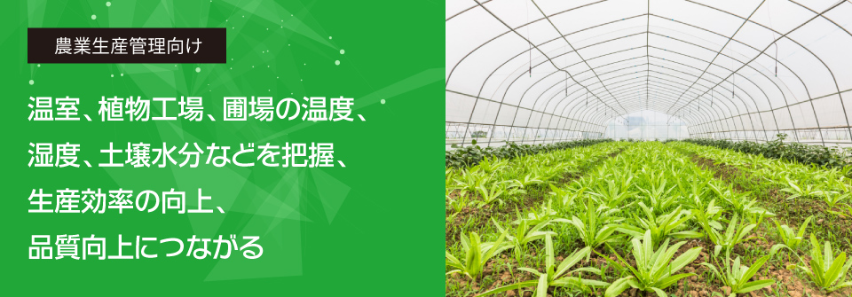 農業生産管理向け 温室、植物工場、圃場の温度、湿度、土壌水分などを把握、生産効率の向上、品質向上につながる